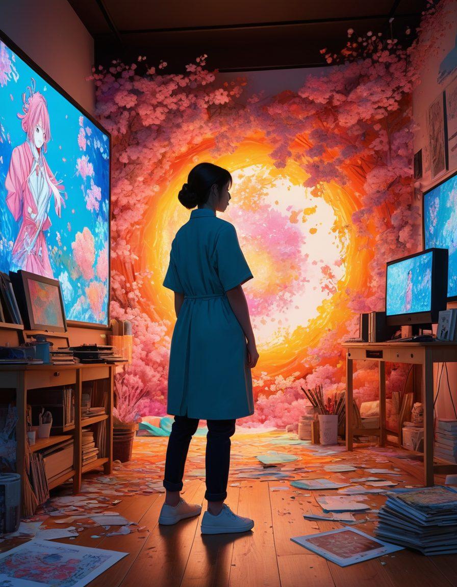 A dynamic scene depicting a lively studio where manga characters come to life, blending traditional sketches with vibrant animation frames. Include a mix of playful, seductive characters interacting in a colorful, ethereal environment, hinting at the transition from static images to fluid motion. There are art supplies scattered around and glowing screens showcasing animated scenes. Capture the essence of creativity and allure. vibrant colors. 3D. super-realistic.