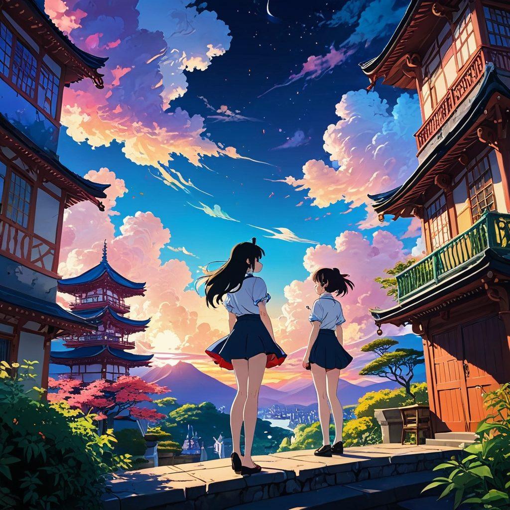 A whimsical yet alluring scene depicting a colorful and fantastical world of adult animation, featuring anime-style characters in playful poses, surrounded by vibrant landscapes of swirling skies and dreamlike architecture. Subtle hints of eroticism are gracefully integrated, with an emphasis on artistic expression. The atmosphere should radiate creativity and imagination, inviting viewers into the realm of erotic anime and hentai. cartoonish style. vibrant colors.